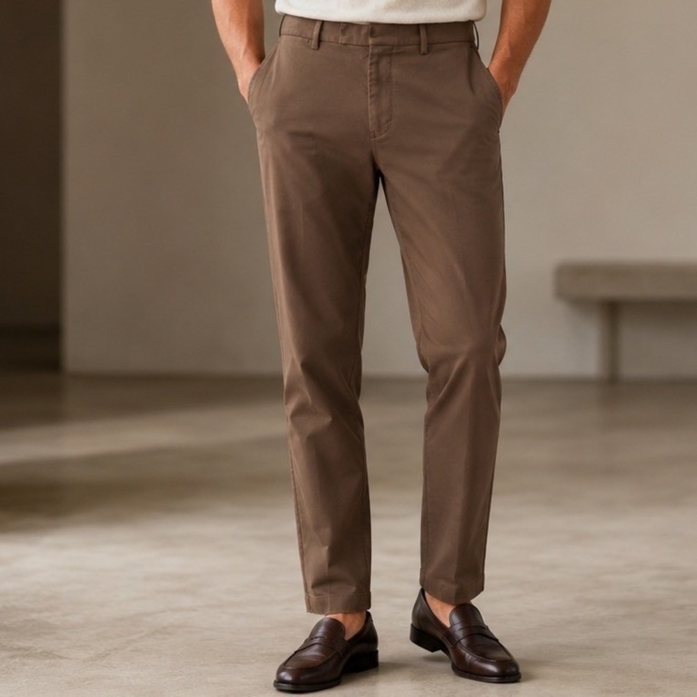 REISS Eastbury Brown Cotton Stretch Chino Pants Straight Slim Tapered Mens 32x26